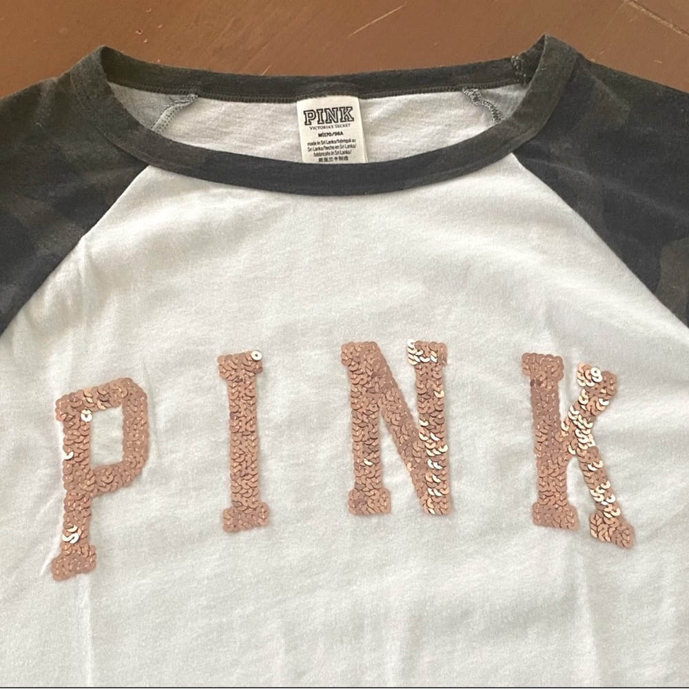 VS PINK Bling Camo Sleeve Tee M